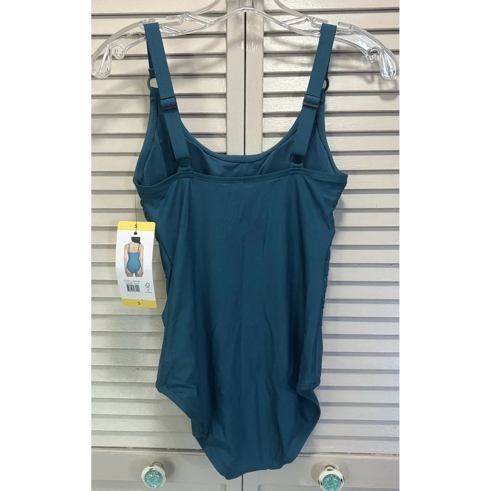 DKNY One Piece Swimsuit NWT Full Coverage Adj‎ Strap Size Small Pleated Emerald